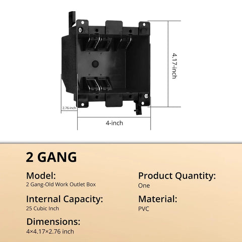 PVC 2 Gang Old Work Box Deep 25 Cu In Electrical Box For Switches And Outlets Plastic Junction Box ETL Listed Fire Rated For 2 Hours Black 1 Pack For Home Wiring Projects, front view with dimensions.