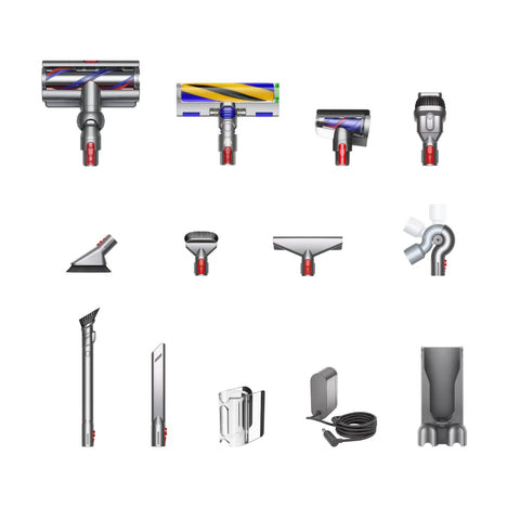 V15 Detect Total Clean Extra Refurbished Premium Vacuum Cleaner With Laser Dust Detection attachments and tools displayed