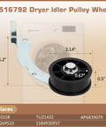 D516792 Dryer Idler Pulley Wheel with dimensions for Ultimate Dryer Repair Kit For 1992 And Newer SM Series Dryers.