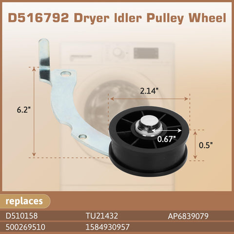 D516792 Dryer Idler Pulley Wheel with dimensions for Ultimate Dryer Repair Kit For 1992 And Newer SM Series Dryers.
