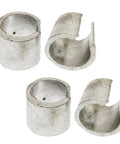 Four silver lead battery post shims for positive and negative terminals, universal adapter for fixing loose battery connections.