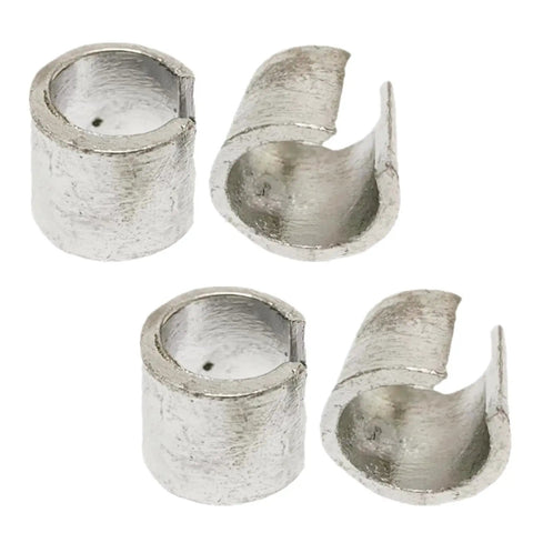 Four silver lead battery post shims for positive and negative terminals, universal adapter for fixing loose battery connections.