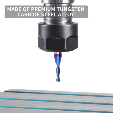 Carbide ball-nose CNC end mill with 1/4-inch shank and 1/8-inch cutting diameter, rainbow blue nano coating, front view
