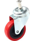 Heavy Duty 12 Pack Low Profile 2 Inch Polyurethane Caster Wheels With 360 Degree Swivel And Threaded Post Mount Garage certified red wheel close-up.