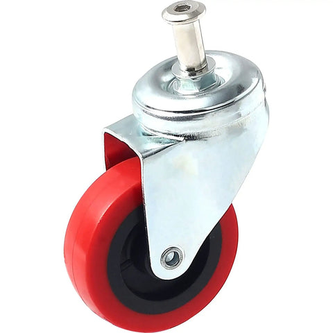 Heavy Duty 12 Pack Low Profile 2 Inch Polyurethane Caster Wheels With 360 Degree Swivel And Threaded Post Mount Garage certified red wheel close-up.