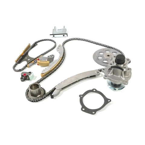 Top Tier Timing Chain Kit Plus Water Pump For Chevy Colorado And Canyon 2.8L Or 3.5L Engines From 2004 To 2006 Alloy Build Rock Solid Durability No Stretching Needed Keep Your Ride Running Smooth Without Breaks Or Costly Repairs Down The Road, timing kit parts laid out
