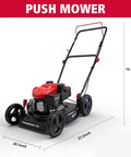 Easy Start 18 Inch Gas Lawn Mower With 144cc OHV Engine Steel Deck Side Discharge 5 Position Height Adjustment Lightweight Walk Behind Push Mower For Small Yards Quick No Fuss Yard Care, dimensions labeled, red and black color, push mower view