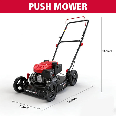 Easy Start 18 Inch Gas Lawn Mower With 144cc OHV Engine Steel Deck Side Discharge 5 Position Height Adjustment Lightweight Walk Behind Push Mower For Small Yards Quick No Fuss Yard Care, dimensions labeled, red and black color, push mower view
