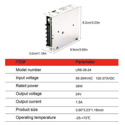 Rock Solid 24V Switching Power Supply 36W 1.5A Single Output With Hella Compact 30Mm Low Profile Design side view with dimensions