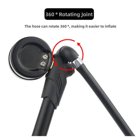 Close-up of 360° rotating joint on Shock Pump for Road and Mountain Bikes High Pressure 300 PSI Gauge Fits Front Fork and Rear Suspension