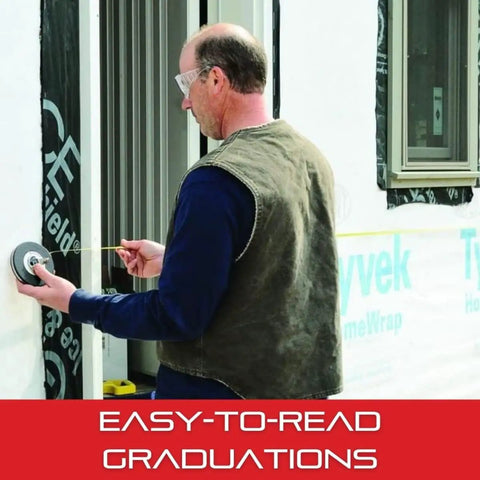 Man using Rugged Long Line Tape Measure With Impact-Resistant ABS Case And Folding Hook, 50 Ft Length, Three Eighths Inch Wide, L6 Graduation