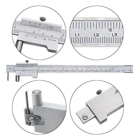 Rock Solid Eight Inch Stainless Scribe Calipers With Replaceable Carbide Tip and Utility Pouch, showing dual scale readouts and accurate markings.