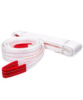 Heavy Duty Polyester Lifting Sling Web Belt For Crane Hoist And Forklift Towing Real Deal Industrial Rigging Strap rolled up with red ends.
