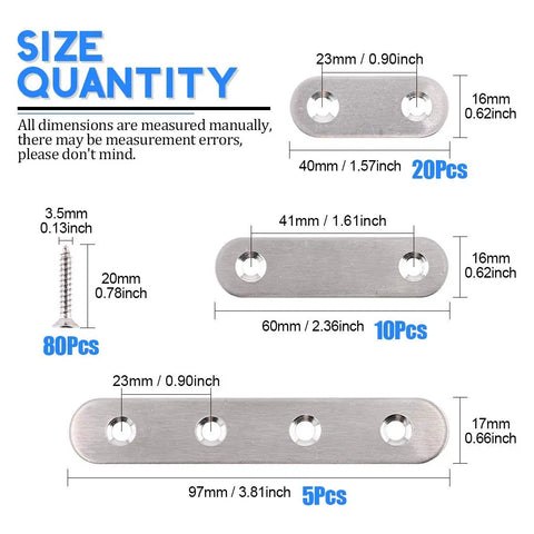 Sizes and quantities of Heavy Duty Stainless Steel Flat Straight Brace Brackets With Mending Plates And Reliable Hardware Includes Eighty Screw Kit.