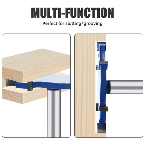 CNC Spoilboard Surfacing Router Bit With 1/2 Inch Shank, 3-11/32 Inch Cutting Diameter, installed, showing slotting function in wood