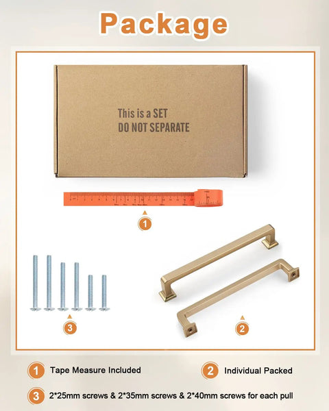 10 Pack Champagne Bronze Cabinet Pulls 5 Inch 128mm Hole Center Dresser Drawer Handles for Kitchen Cabinets Cupboards And Bathrooms Sick Upgrade Durable Hardware For Cabinets And Vanities packaging displayed with screws and tape measure