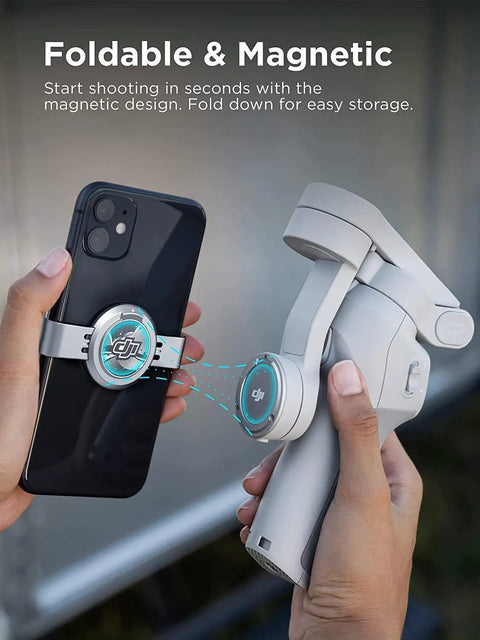 Hands attaching smartphone to Next Level Smartphone Gimbal Stabilizer With Tripod Magnetic Quick Attach Design Portable Foldable Body