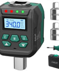 Half Inch Digital Torque Wrench Adapter Turns Any Ratchet Into A Pro Torque Tool 7.5 To 250 Ft Lb (10 To 340 Nm) With 2 Percent Accuracy Includes Case, Two Socket Adapters, Mini Screwdriver, Calibration Certificate, And Manual. 1/2 in digital torque adapter with case and adapters