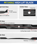 42 Inch Lawn Mower Blade Replacement For John Deere 42 Inch Decks D100 D105 D110 D125 D130 LA135 E100 E110 E120 Fits 102 105 115 125 135 Series In 2 Pack, shown in different views with dimensions.