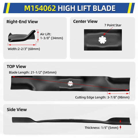 42 Inch Lawn Mower Blade Replacement For John Deere 42 Inch Decks D100 D105 D110 D125 D130 LA135 E100 E110 E120 Fits 102 105 115 125 135 Series In 2 Pack, shown in different views with dimensions.
