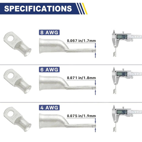 60Pcs Tinned Battery Terminal Lug Kit specifications for AWG 8 6 4, showing diameters and measurements for each size.