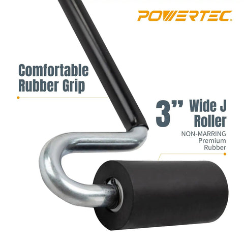 12 Inch Long Handle J Roller For Laminate And Veneer Applications With A One And A Half Inch Diameter And Three Inch Wide Rubber Roller Your Go To Tool For Edge Banding And Wall Coverings Smooths Veneer And Presses Surfaces With Ease, featuring a comfortable rubber grip and non-marring 3 inch wide roller.