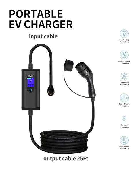Level 2 EV Charger With App Control 32 Amp Portable J1772 Evse Nema 14 50 Plug Plus 5 15 Adapter 25 Foot Cable Smooth Operator Design with 25ft output cable.