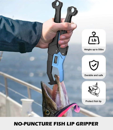 Front view of Sidomma Pro fishing tool kit with blue/black no-puncture lip gripper and pliers