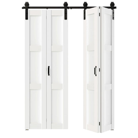 Image of Space Saving Bi-Fold Barn Door Set With Slick Sliding Hardware Kit, 60 Inch Wide 3-Panel MDF White Door Slabs.