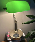 Glass Bankers Desk Lamp With USB Charging Port LED Desk Light Emerald Green Glass Shade Brass Finish Classic Retro Pull Chain