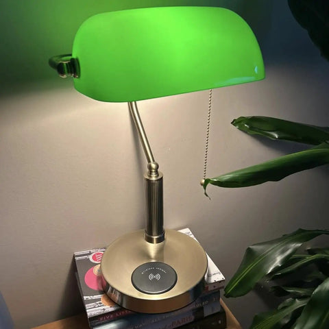 Glass Bankers Desk Lamp With USB Charging Port LED Desk Light Emerald Green Glass Shade Brass Finish Classic Retro Pull Chain