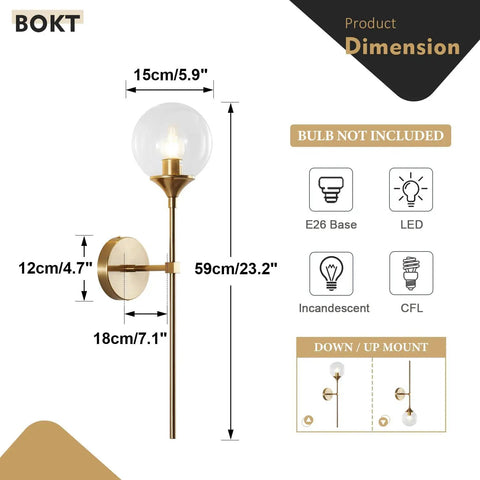 Glass Globe Wall Sconce In Brushed Brass With Clear Globe Mid Century Modern Bedroom Bedside Lighting Long Pole Nordic Style Wall Lamp Dimensions