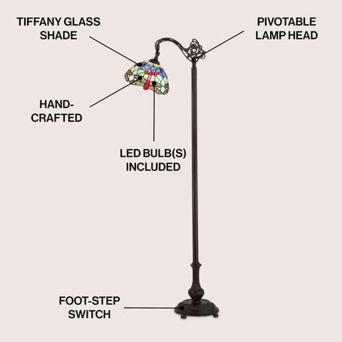 Dragonfly Tiffany-Style 60-Inch Arched LED Floor Lamp in Bronze with pivotable lamp head and foot-step switch