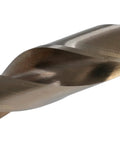 Close-up of Hardcore Cobalt Steel Jobber Length Drill Bit from 21 Piece HSS Drill Bit Kit for Pros, gold oxide finish and 135-degree split point.