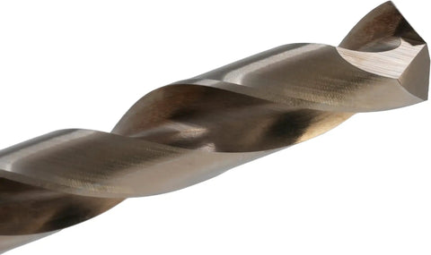Close-up of Hardcore Cobalt Steel Jobber Length Drill Bit from 21 Piece HSS Drill Bit Kit for Pros, gold oxide finish and 135-degree split point.
