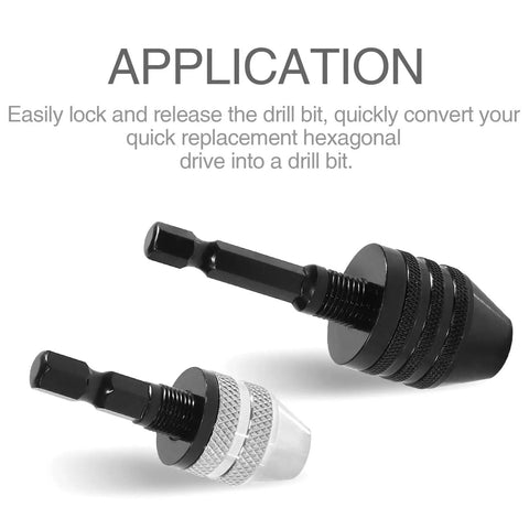 1/4 Inch Hex Shank Keyless Drill Chuck Quick Change Adapter Converter For Impact Drills And Electric Tools, Two Pack, Fits 0.6-8mm And 0.3-3.6mm Bits, Fast Swap, One Hand Install, Durable Tool Accessory, view of black and silver adapters