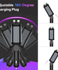 Retractable Car Charger Featuring Hella Easy 4 In 1 Fast Charging Via Usb C And Usb A Ports shown with adjustable 180-degree charging plug.
