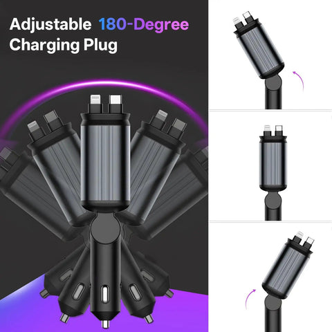 Retractable Car Charger Featuring Hella Easy 4 In 1 Fast Charging Via Usb C And Usb A Ports shown with adjustable 180-degree charging plug.
