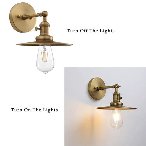 Industrial Vintage 1 Light Wall Sconce With 7.9 Inch Metal Shade Antique Vanity Light showing on and off states.
