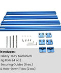 Heavy Duty Adjustable Juice Groove Routing Jig Built From Tough Anodized Aluminum with jig rails and hold-down tabs.