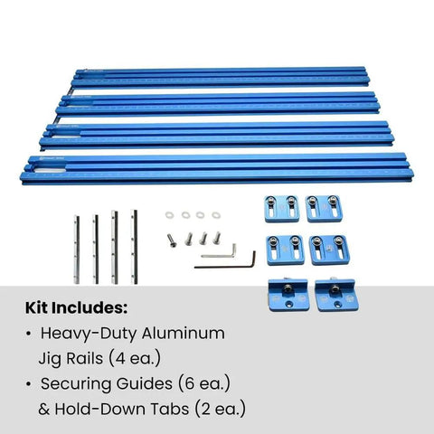 Heavy Duty Adjustable Juice Groove Routing Jig Built From Tough Anodized Aluminum with jig rails and hold-down tabs.
