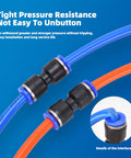 Push To Connect 60 Piece Air Hose Fittings Kit 1/4 Inch Tube Includes 15 Splitters 15 Elbows 15 Tees And 15 Straights For Quick Connect Pneumatic Air Line Fittings For DIYers, showing two connected tubes on blue background