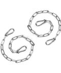 Pair Of Badass Stainless Steel Gate Chain Links With Double Ended Spring Carabiners For 24 Inch Outdoor Fence Metal Shed And Livestock Pen Security Lock, showcased in a circular layout.