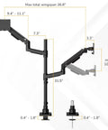 Diagram showing dimensions of Rock Solid Dual Monitor Desk Mount Designed For Ultrawide Screens With Gas Spring Arms and pole base.