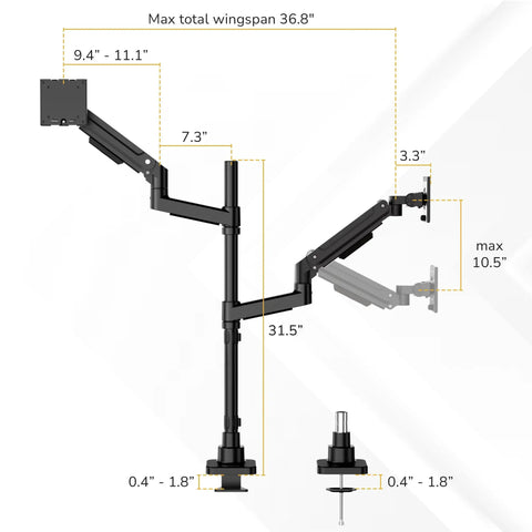 Diagram showing dimensions of Rock Solid Dual Monitor Desk Mount Designed For Ultrawide Screens With Gas Spring Arms and pole base.