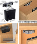Smart NFC RFID Cabinet Lock For Double Doors And Drawers Hidden DIY Lock with installation illustrations and dimensions.