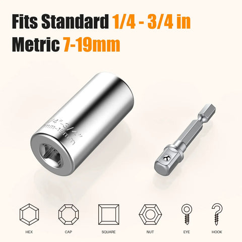 Ultimate Universal Socket Tool Set With Power Drill Adapter 7mm To 19mm Range shown with drill adapter and socket sizes.