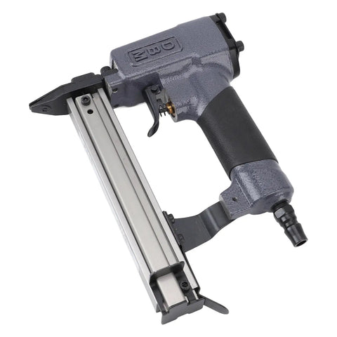 Solid As A Rock Pneumatic Brad Nailer Featuring Slick Aluminum Housing And Instant Jam Clearing Mechanism built for woodworking, close-up view.