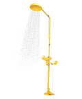 Industrial Grade Eye Wash And Shower Station Built Tough With 304 Stainless Steel Integrated System, yellow unit spraying water