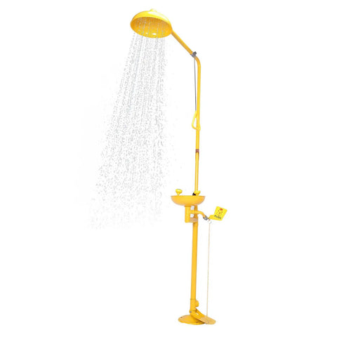 Industrial Grade Eye Wash And Shower Station Built Tough With 304 Stainless Steel Integrated System, yellow unit spraying water
